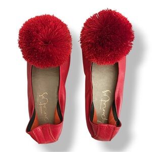 Papanatas by Eli | Red Leather Pom Pom Slip-On Ballet Flats (12T)